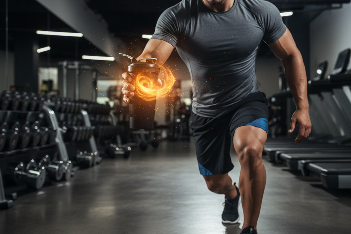 Pre-workout supplements and hydration drinks on gym counter, ready for workout