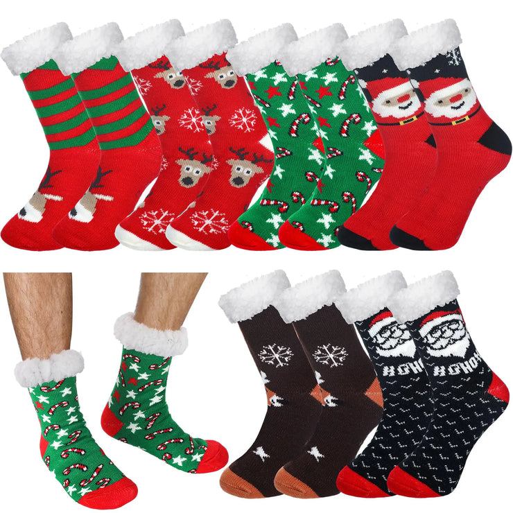 Liitrsh 6 Pairs Mens Fuzzy Slipper Socks with Grip Winter Non Slip Socks Fluffy Winter Warm Socks Lamb Fleece Socks(Christmas Style)