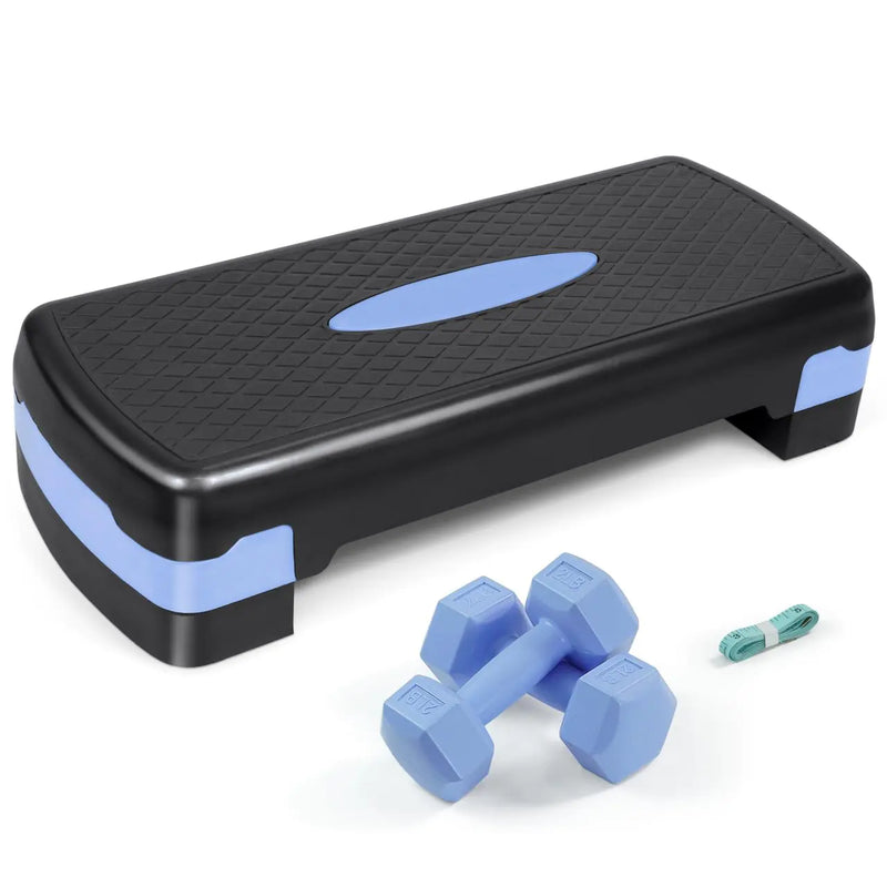 Adjustable Height Aerobic Stepper Set with 2 Dumbbells & Measuring Tape Workout Exercise Step Platform w/Level Risers Blue Black the Ultimate Gift for a Joyful Holiday and Merry Christmas